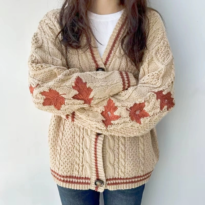 Maple Leaf Pattern Embroidered Knitted Cardigan