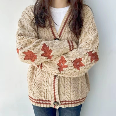 Maple Leaf Pattern Embroidered Knitted Cardigan