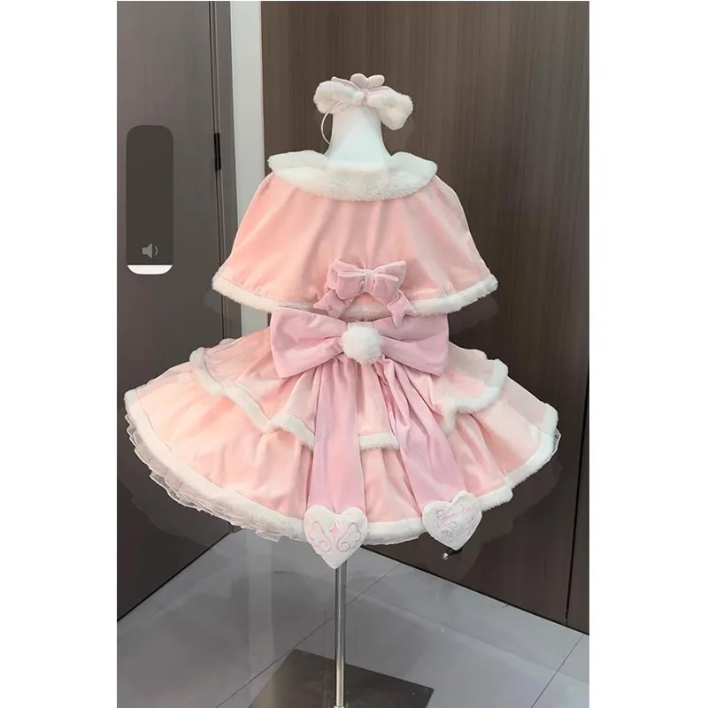 Winter Japanese Fashion 2 Pieces Pink Fluffy Bow Dress and Cloak Set