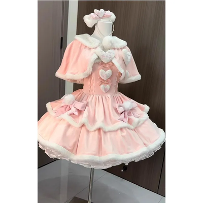 Winter Japanese Fashion 2 Pieces Pink Fluffy Bow Dress and Cloak Set