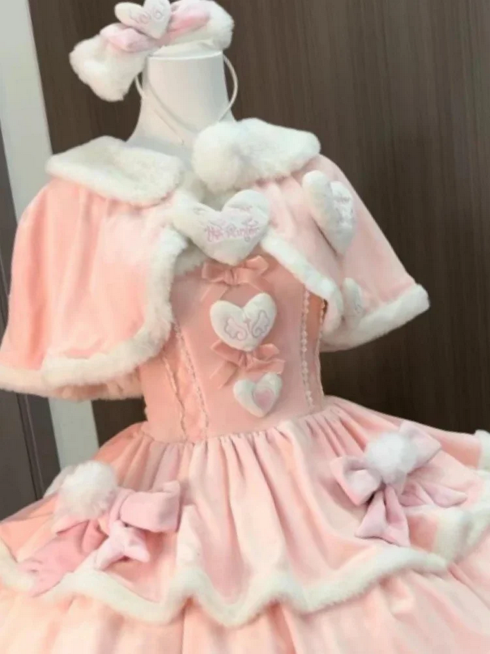 Winter Japanese Fashion 2 Pieces Pink Fluffy Bow Dress and Cloak Set