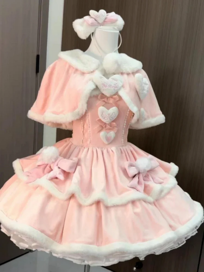 Winter Japanese Fashion 2 Pieces Pink Fluffy Bow Dress and Cloak Set