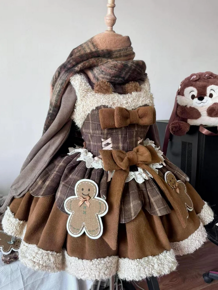 Winter Japanese Sweet Lolita Brown 2 Piece Set Chic Cape+Cute Bow Dress