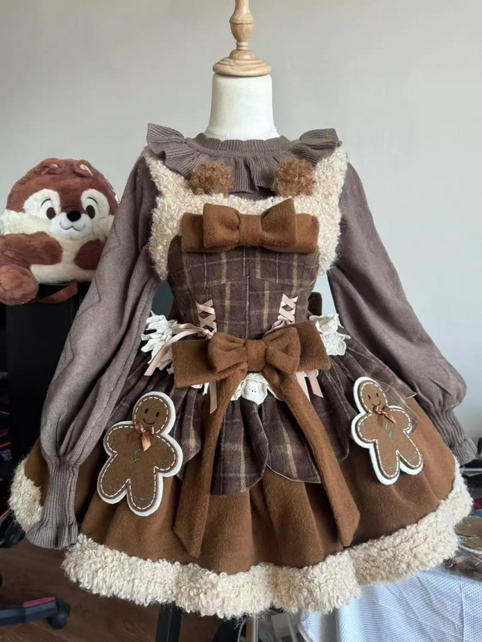 Winter Japanese Sweet Lolita Brown 2 Piece Set Chic Cape+Cute Bow Dress
