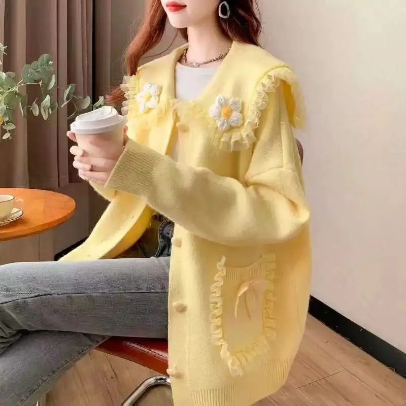 Peter Pan Collar Bow Pockets Knitted Cardigan