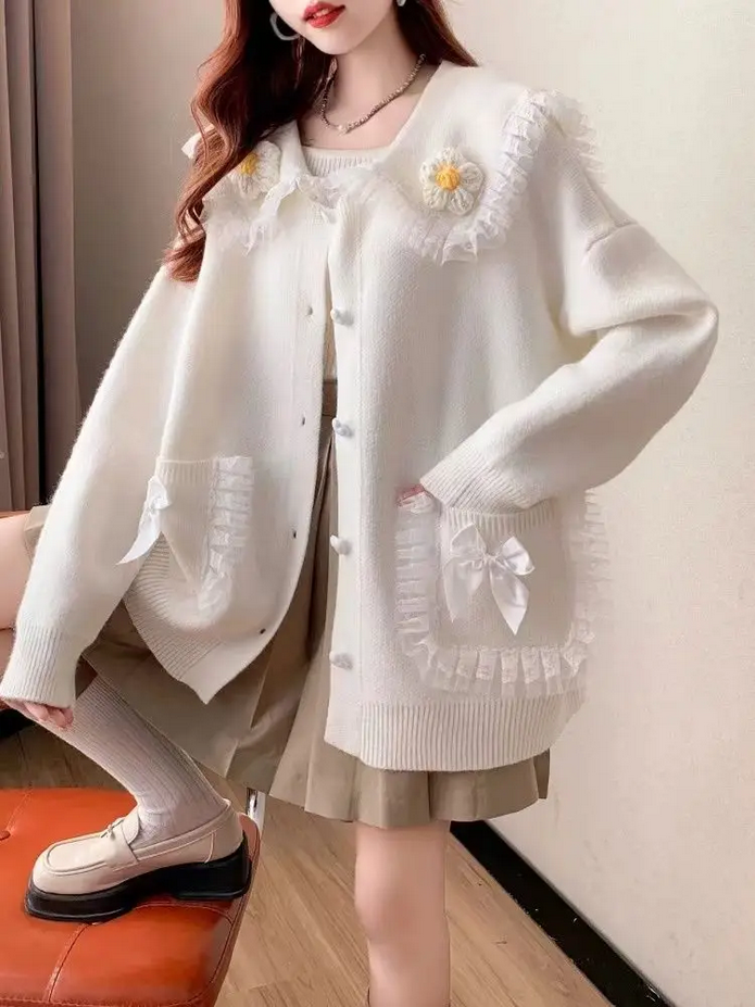 Peter Pan Collar Bow Pockets Knitted Cardigan