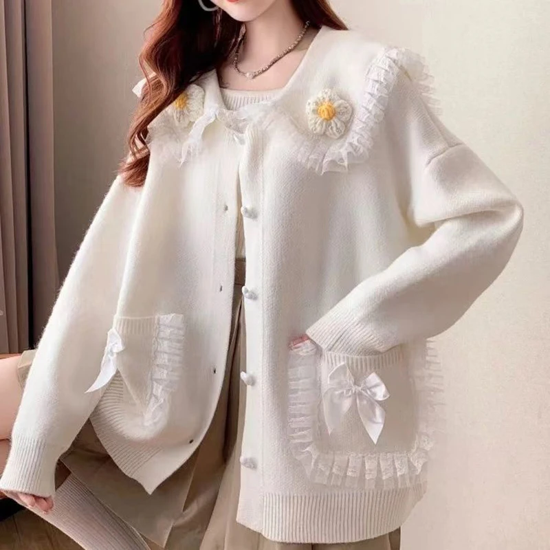 Peter Pan Collar Bow Pockets Knitted Cardigan