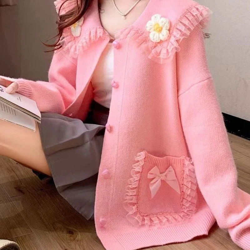Peter Pan Collar Bow Pockets Knitted Cardigan