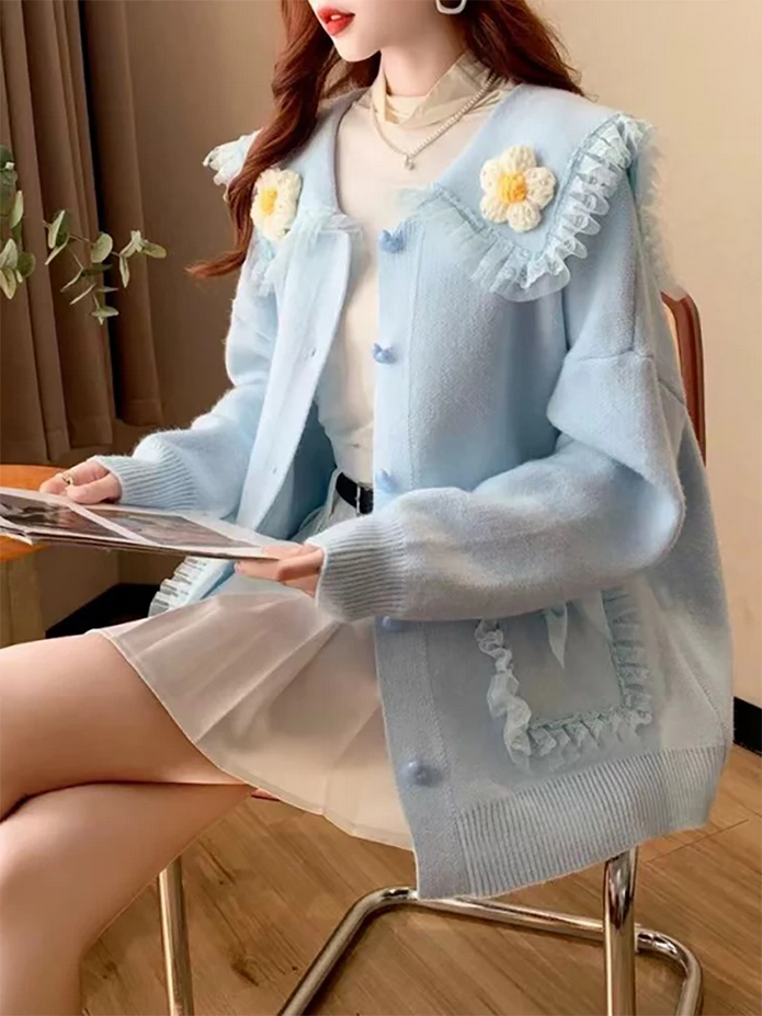 Peter Pan Collar Bow Pockets Knitted Cardigan
