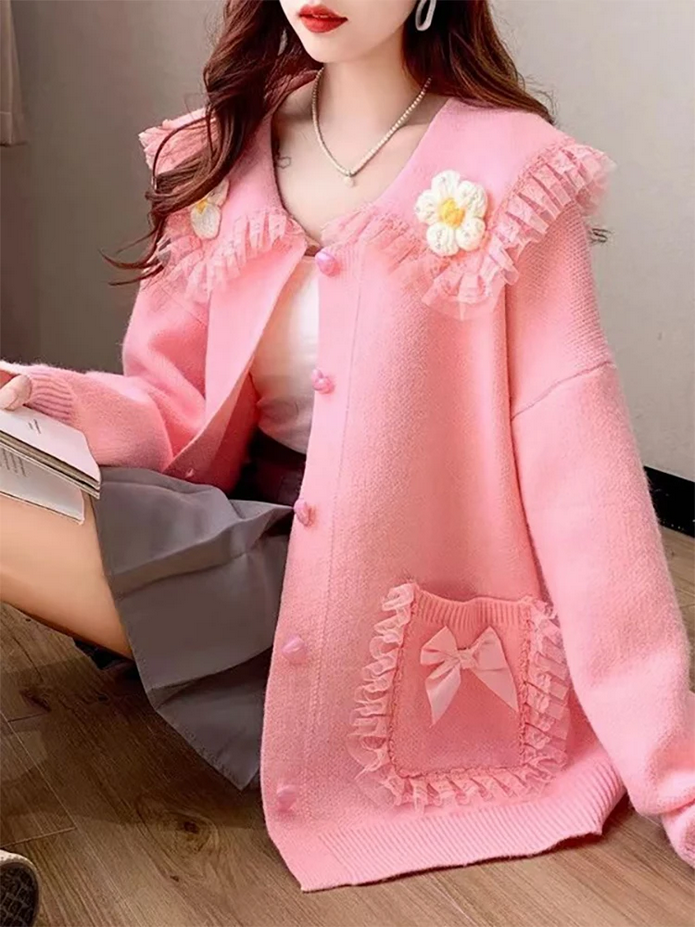 Peter Pan Collar Bow Pockets Knitted Cardigan