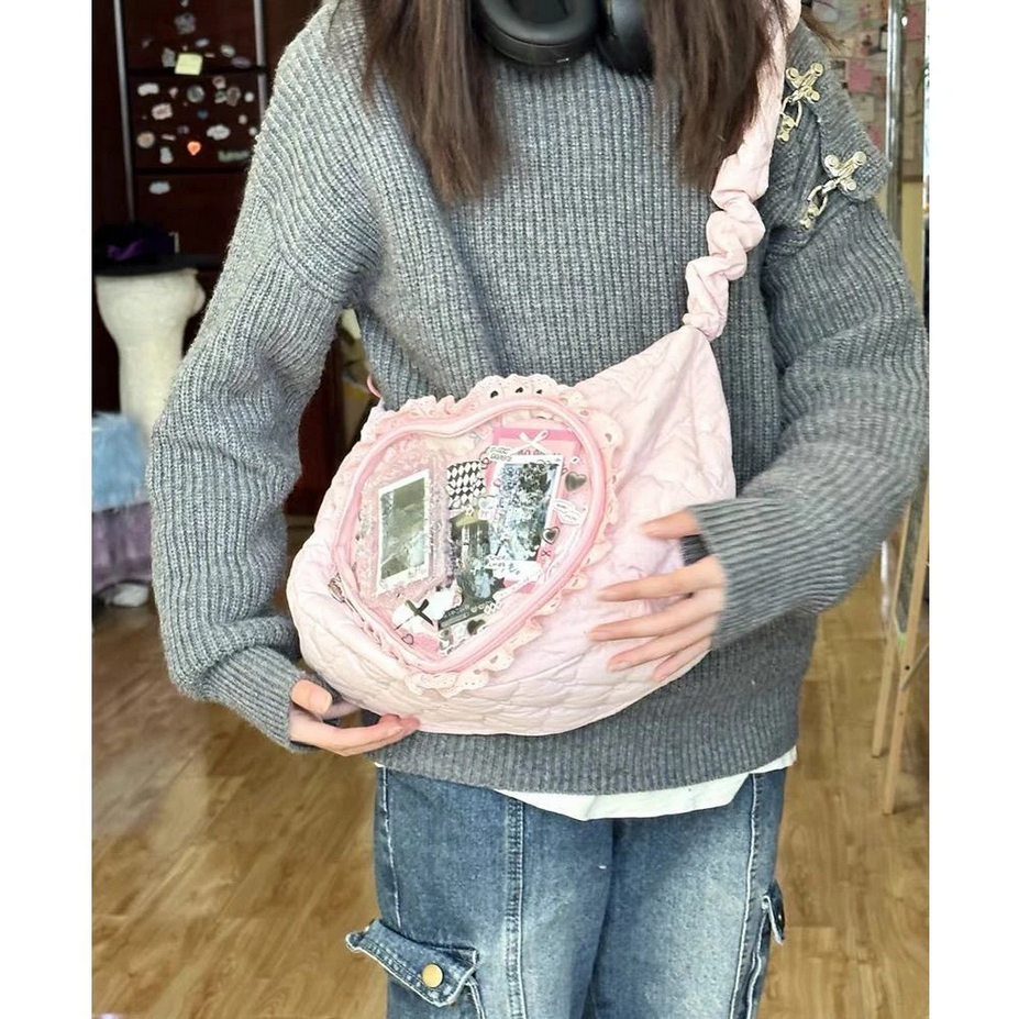 Pleated Lace Love Heart Lolita Jk Ita Bag