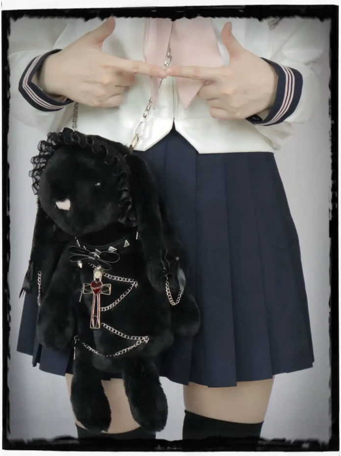 Gothic Kawaii Black Bunny Plush Shoulder Bag