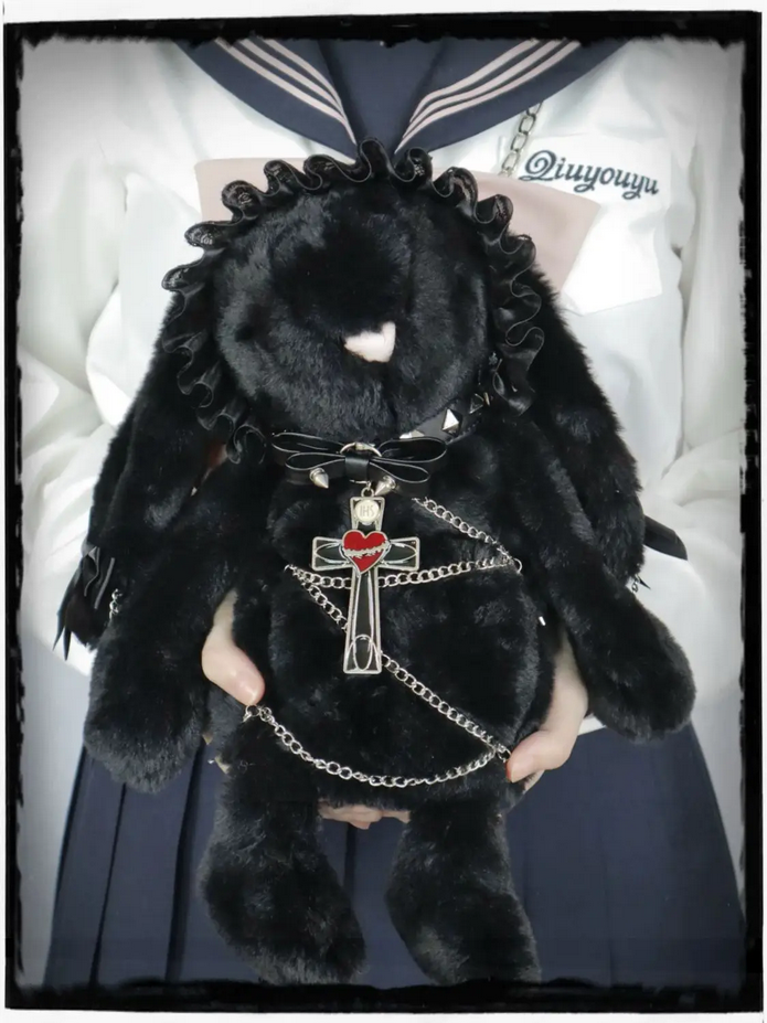 Gothic Kawaii Black Bunny Plush Shoulder Bag