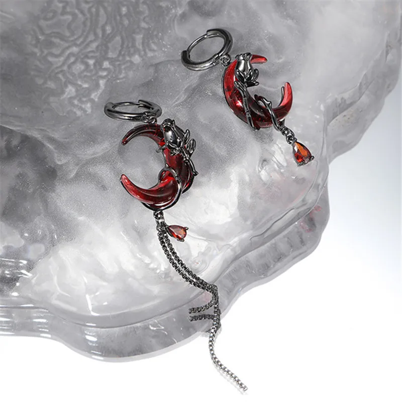 Gothic Red Moon Rose Earrings