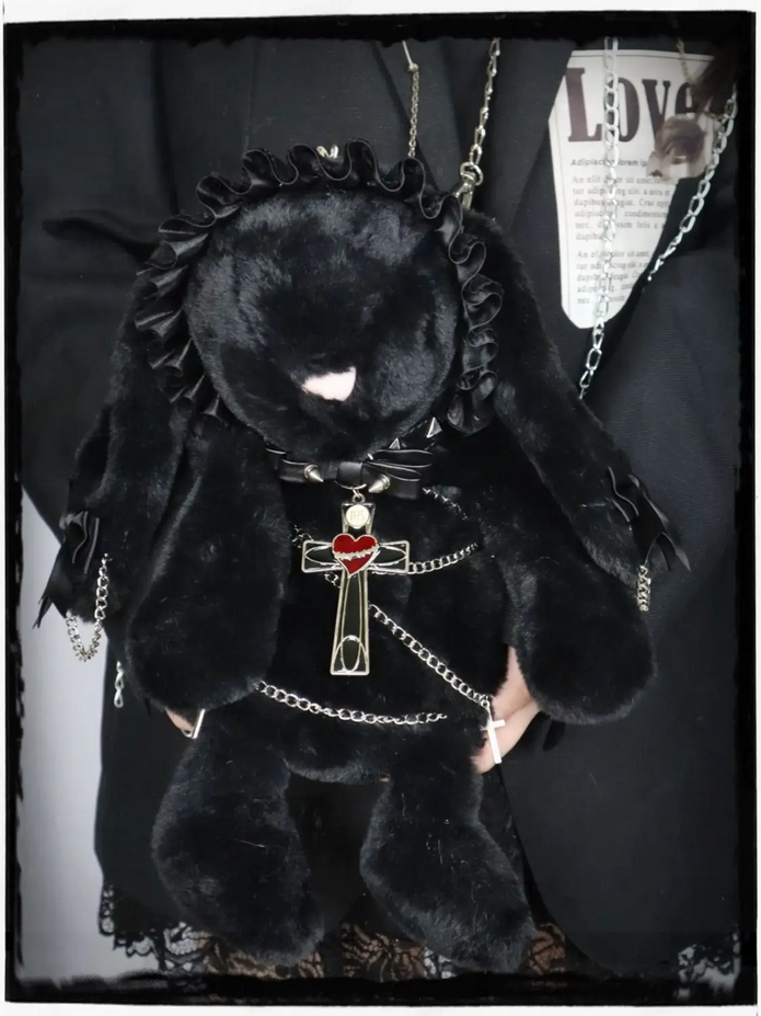 Gothic Kawaii Black Bunny Plush Shoulder Bag