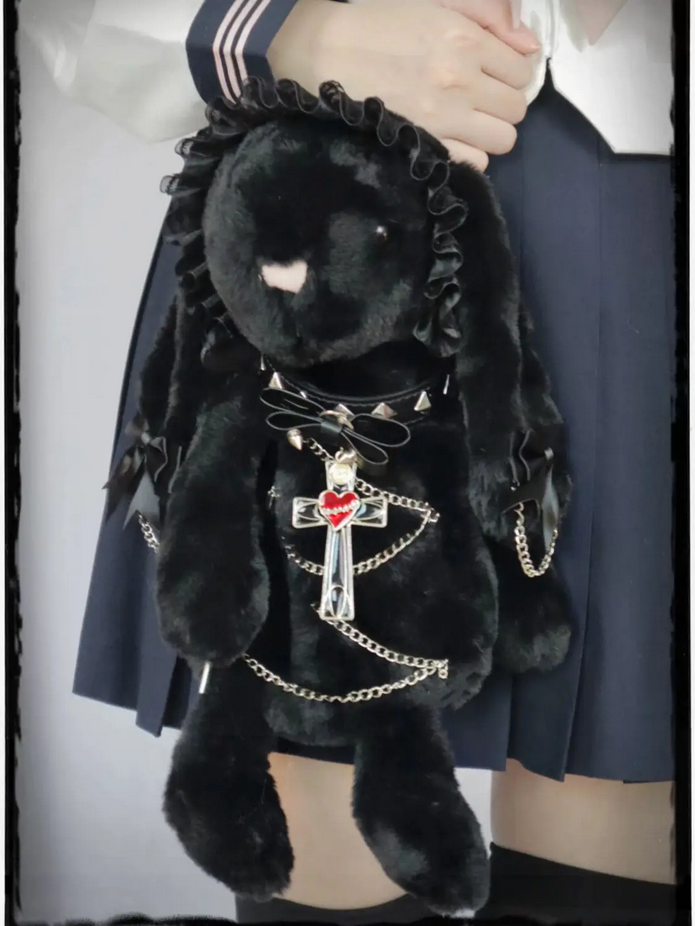 Gothic Kawaii Black Bunny Plush Shoulder Bag