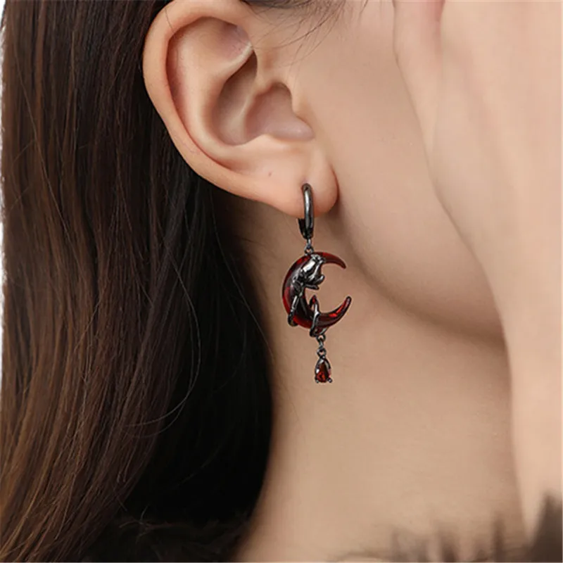 Gothic Red Moon Rose Earrings