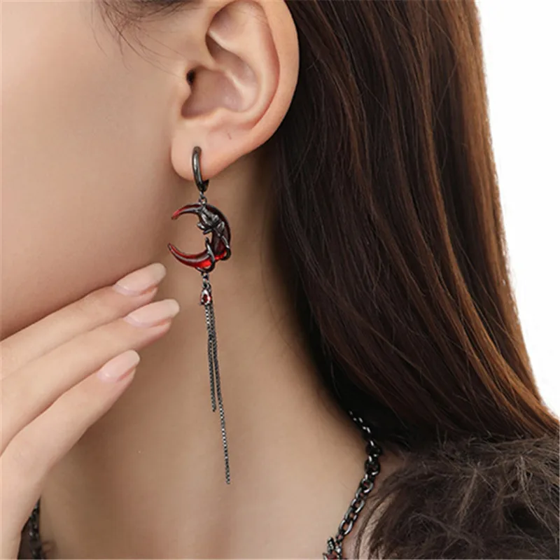 Gothic Red Moon Rose Earrings