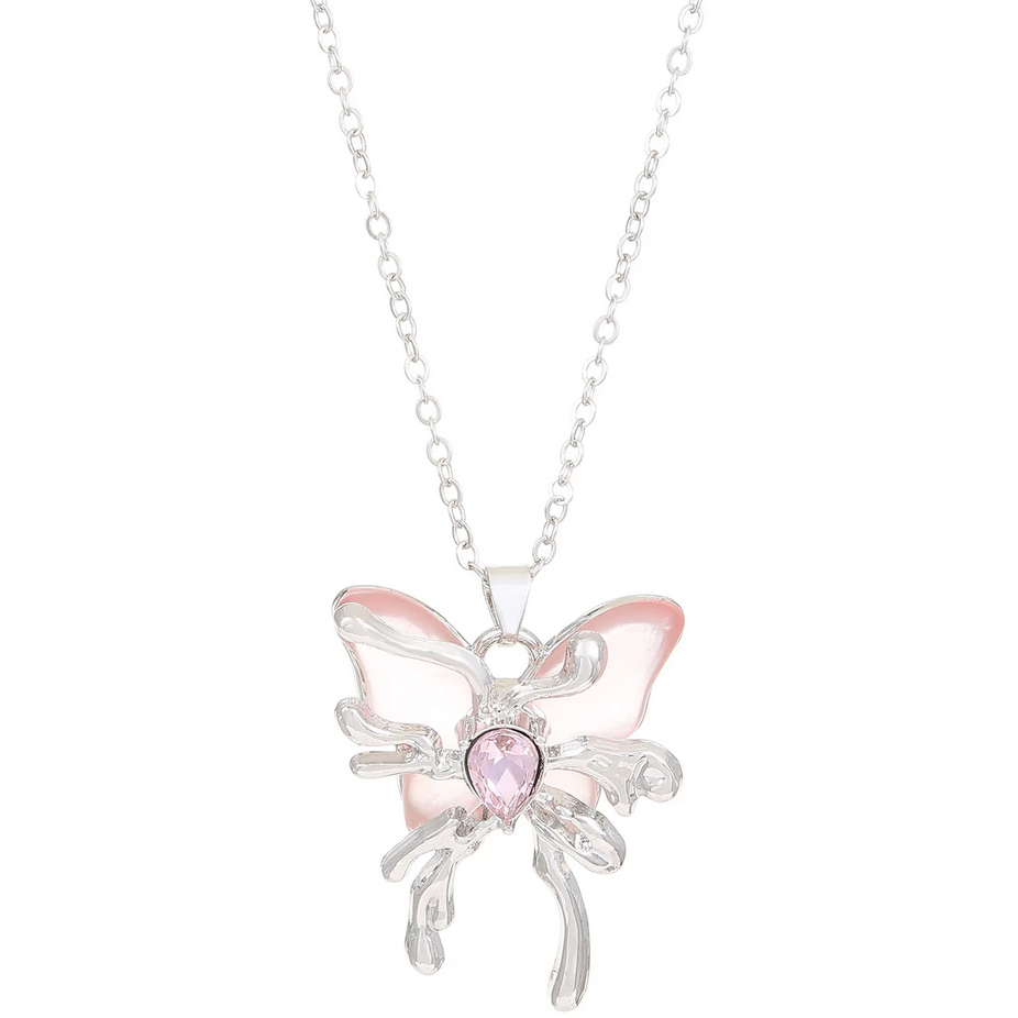 Y2K Pink Crystal Butterfly Pendant Necklace
