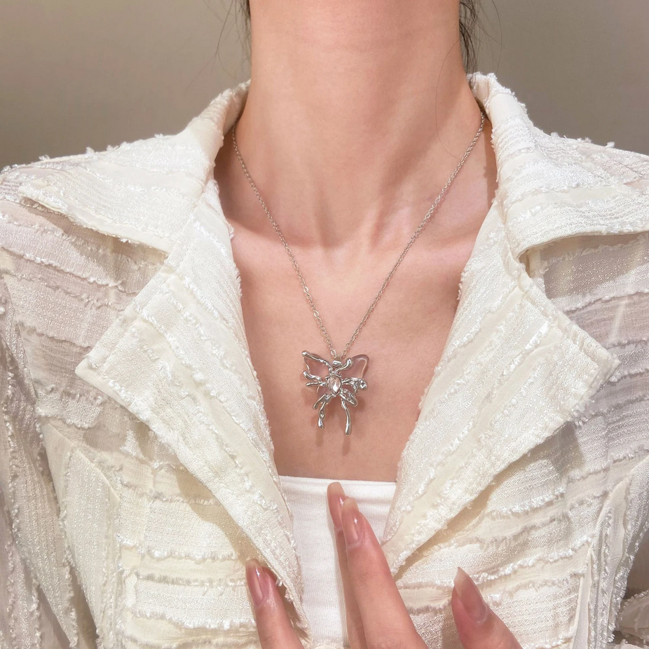 Y2K Pink Crystal Butterfly Pendant Necklace