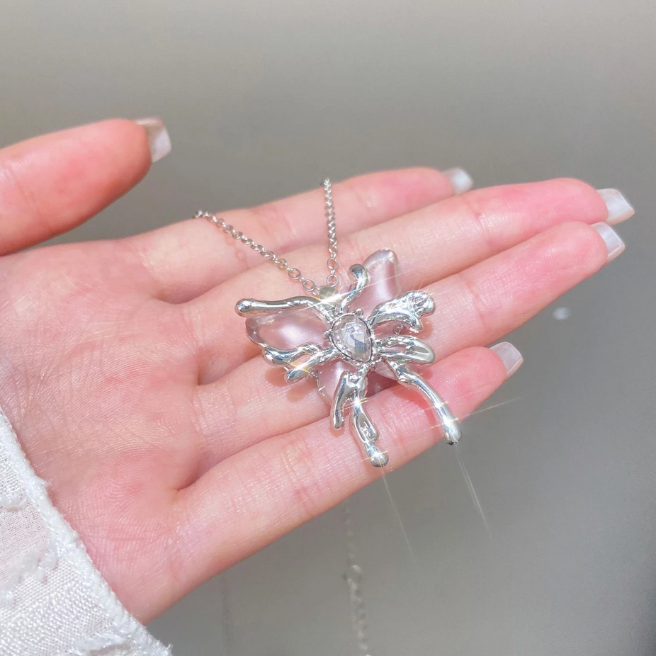 Y2K Pink Crystal Butterfly Pendant Necklace