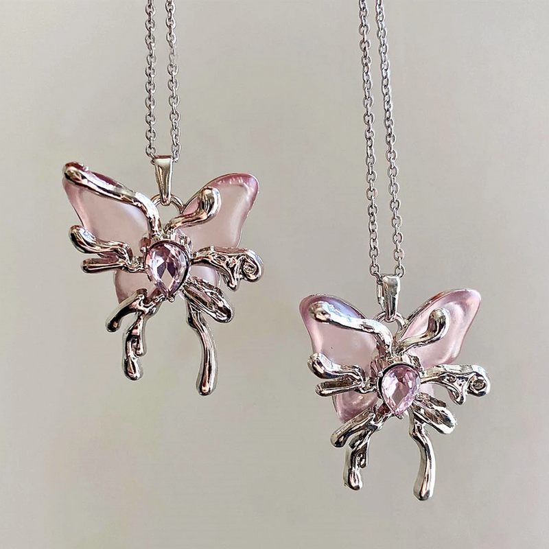 Y2K Pink Crystal Butterfly Pendant Necklace