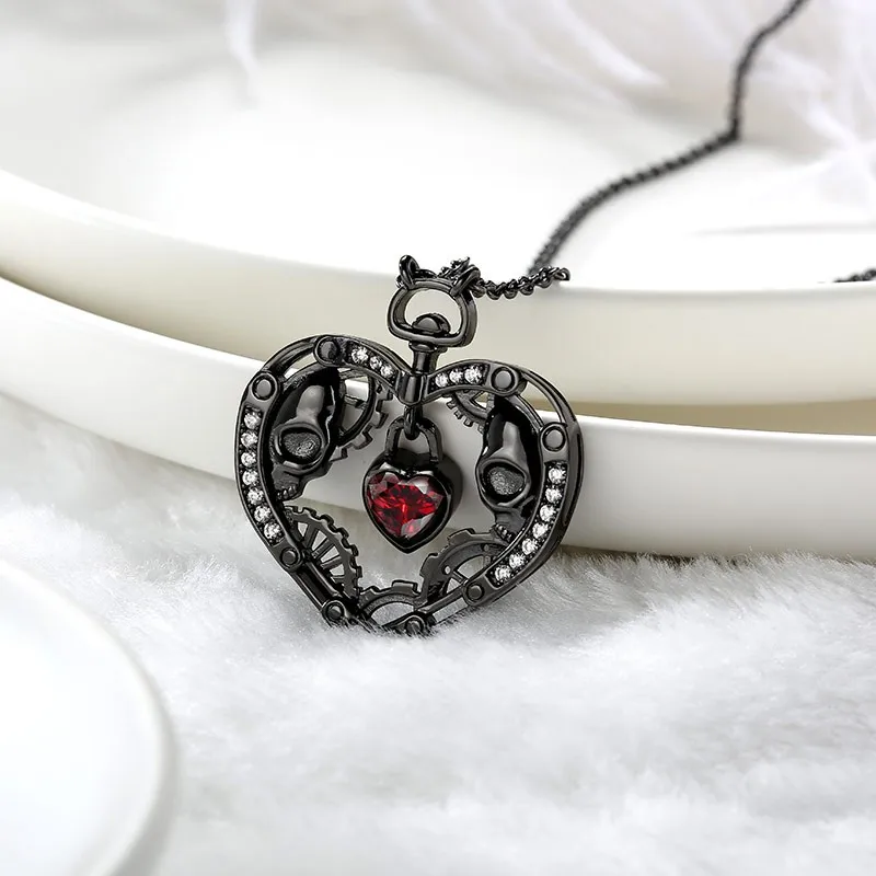 Gothic Style Skull Black Heart Pendants Necklace