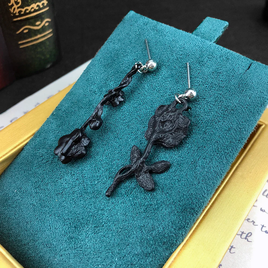 Dark Goth Black Briar Rose Earrings