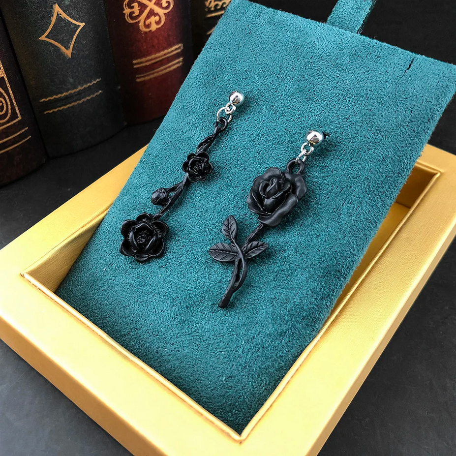Dark Goth Black Briar Rose Earrings