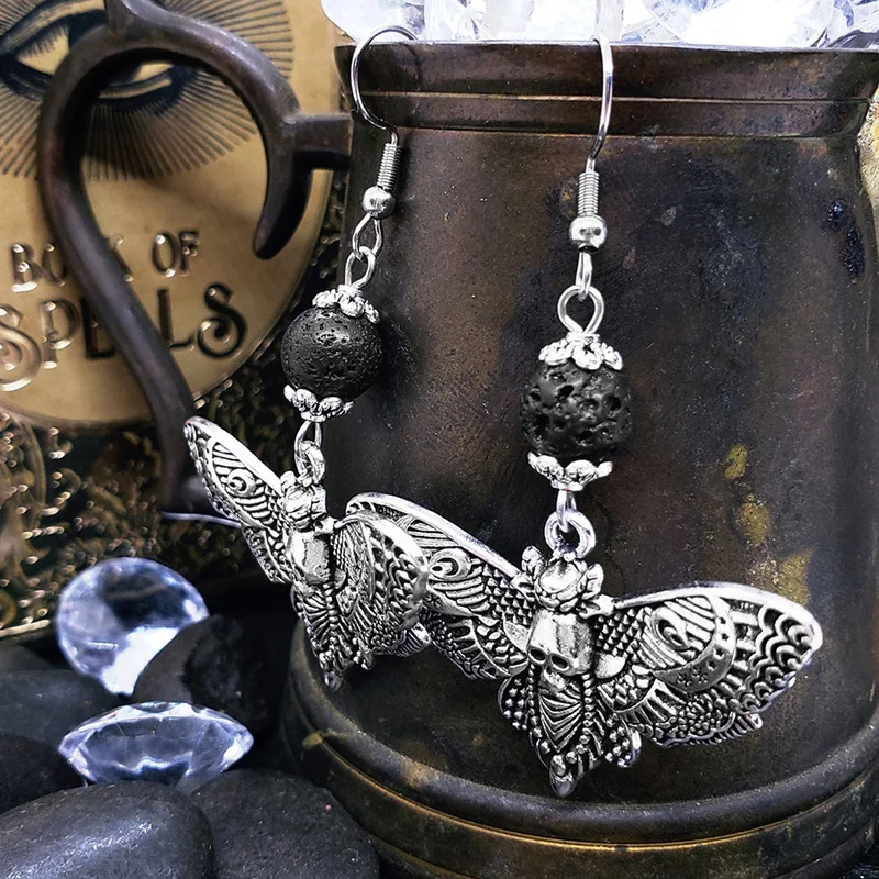 Skull Death Moth Drop Earrings