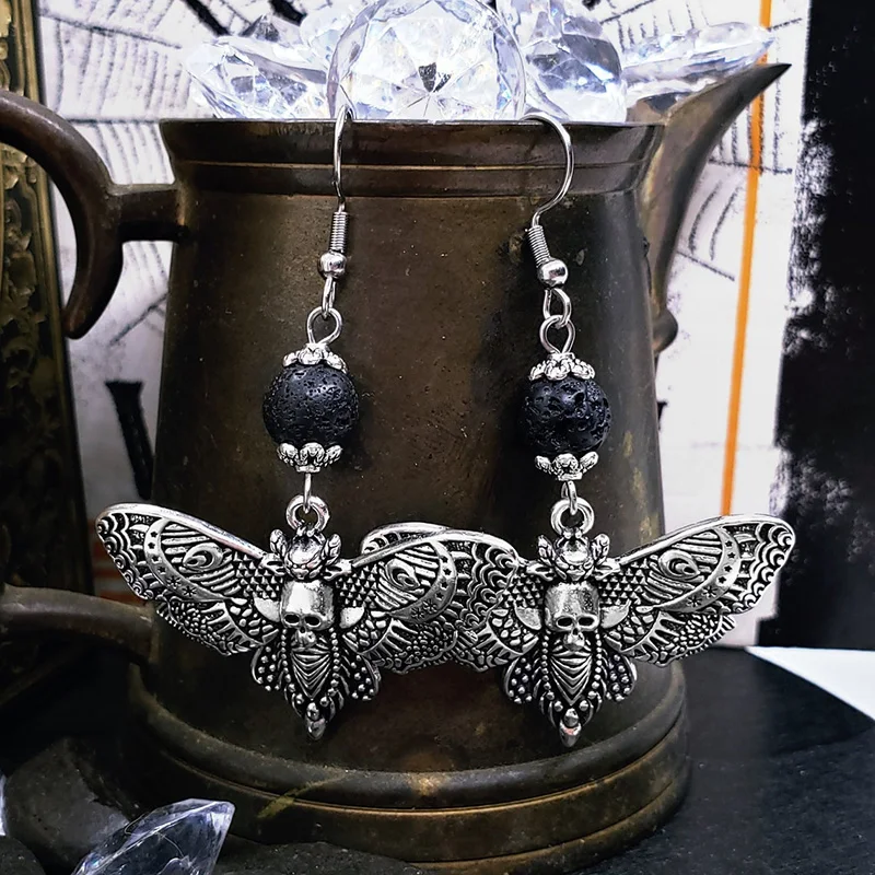 Skull Death Moth Drop Earrings