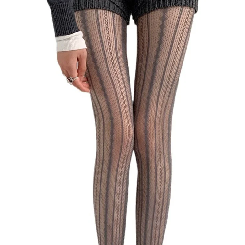 Geometric Striped Patterned Fishnet Lace Tights