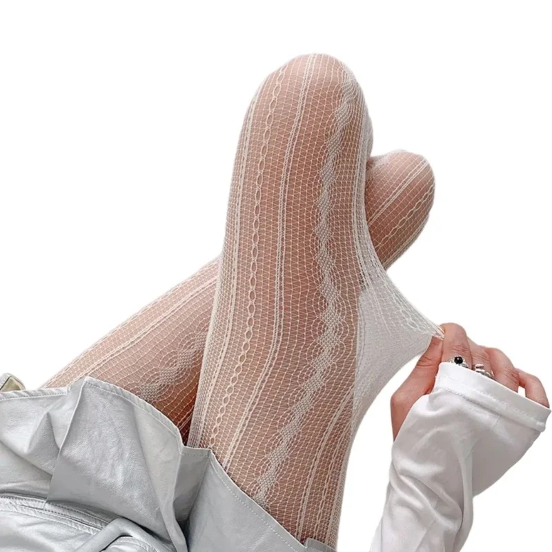 Geometric Striped Patterned Fishnet Lace Tights
