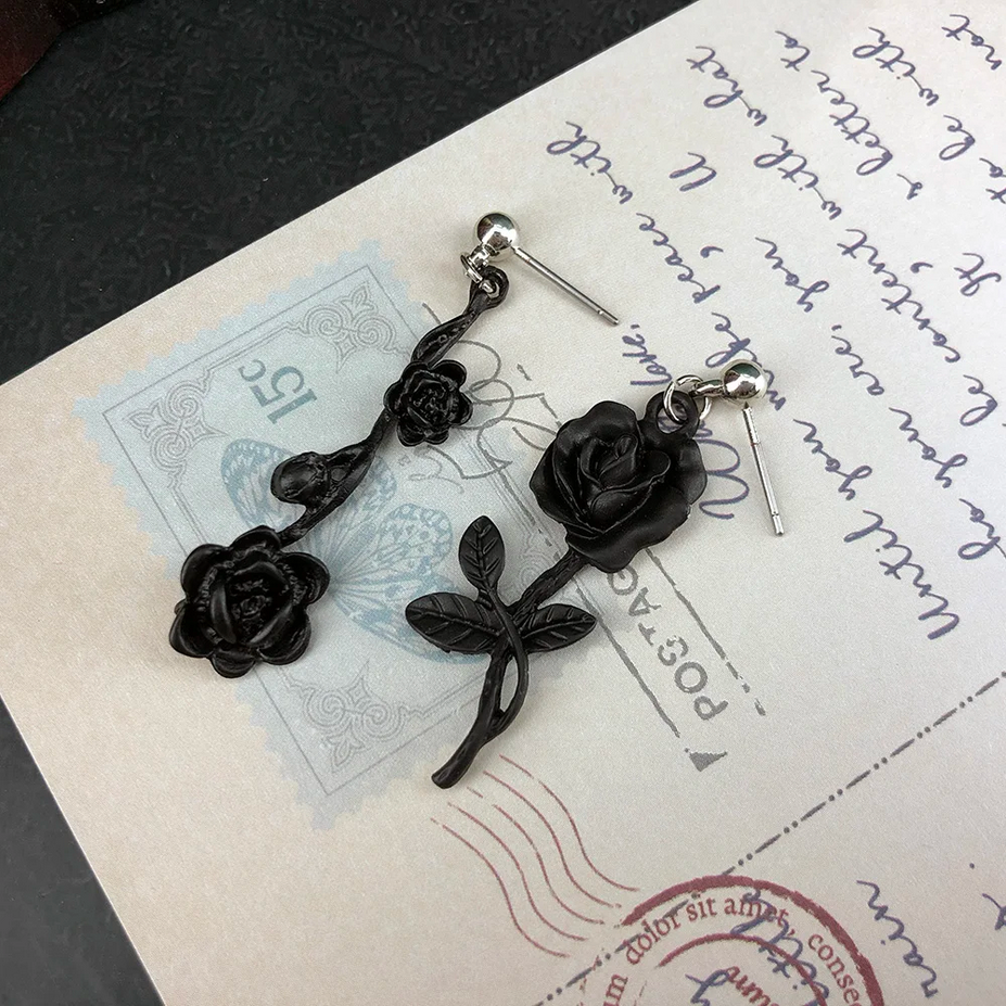 Dark Goth Black Briar Rose Earrings