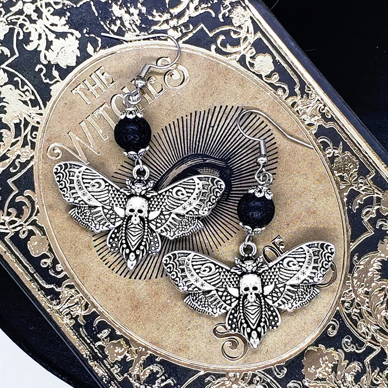 Skull Death Moth Drop Earrings