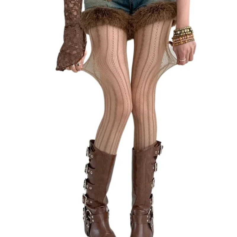 Geometric Striped Patterned Fishnet Lace Tights