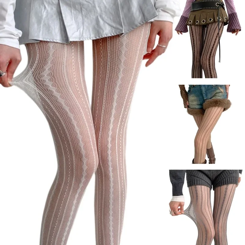 Geometric Striped Patterned Fishnet Lace Tights