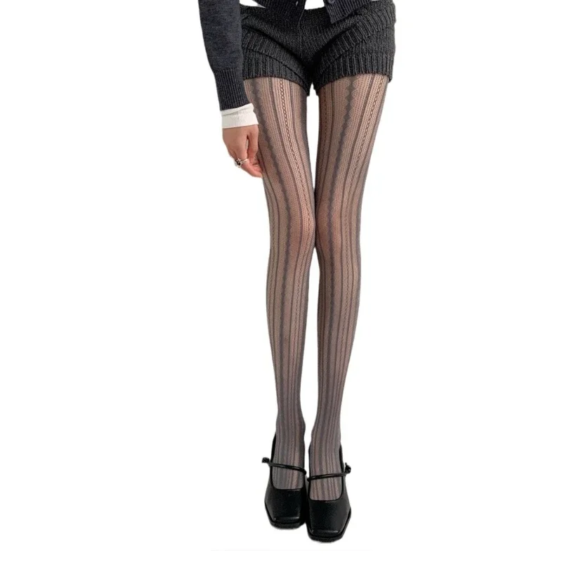 Geometric Striped Patterned Fishnet Lace Tights