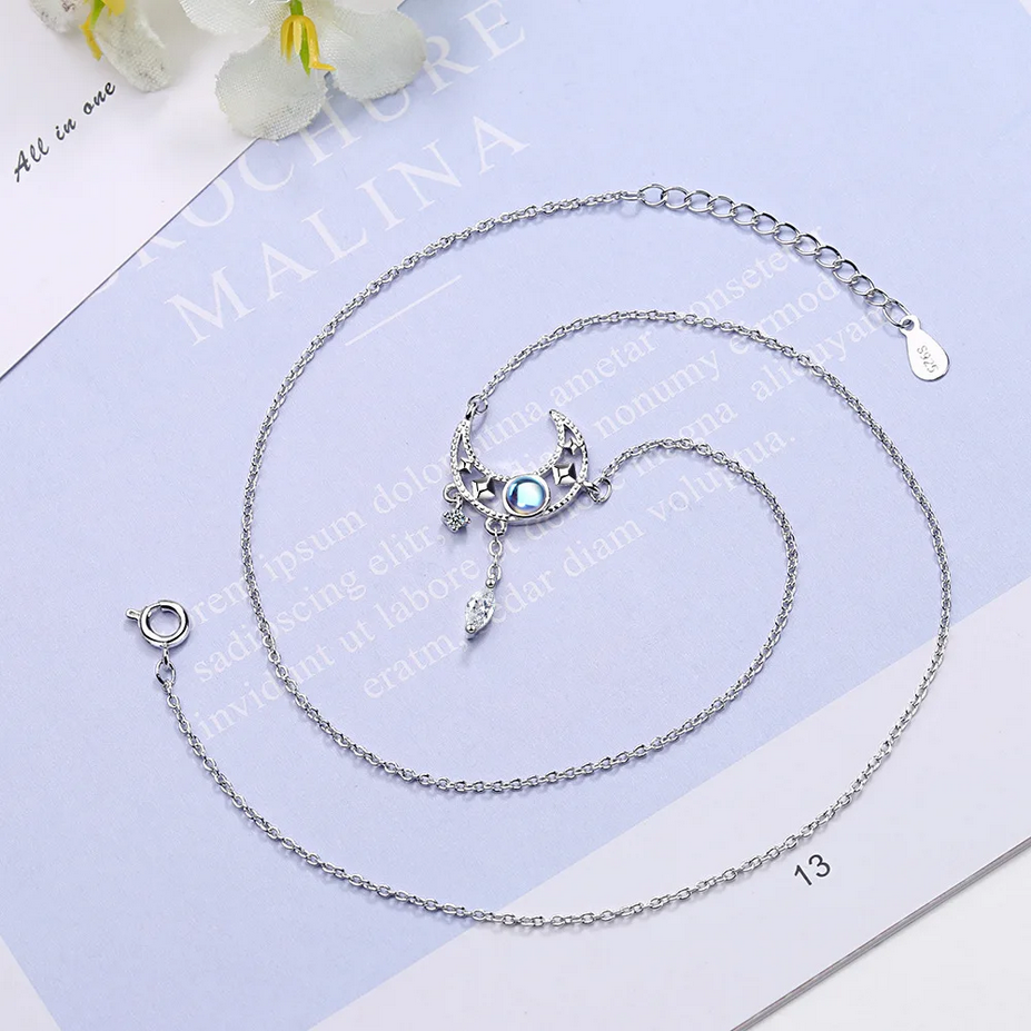 S925 Sterling Silver Blue Zircon Moon Crystal Pendant Necklace