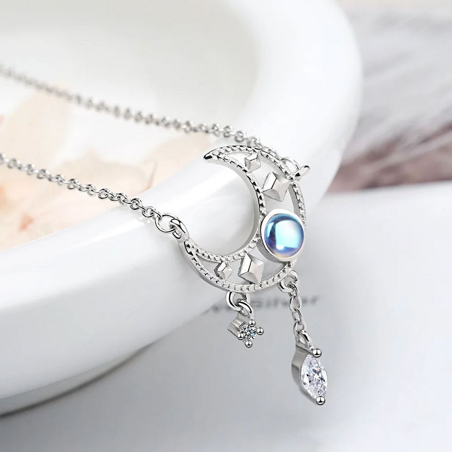 S925 Sterling Silver Blue Zircon Moon Crystal Pendant Necklace