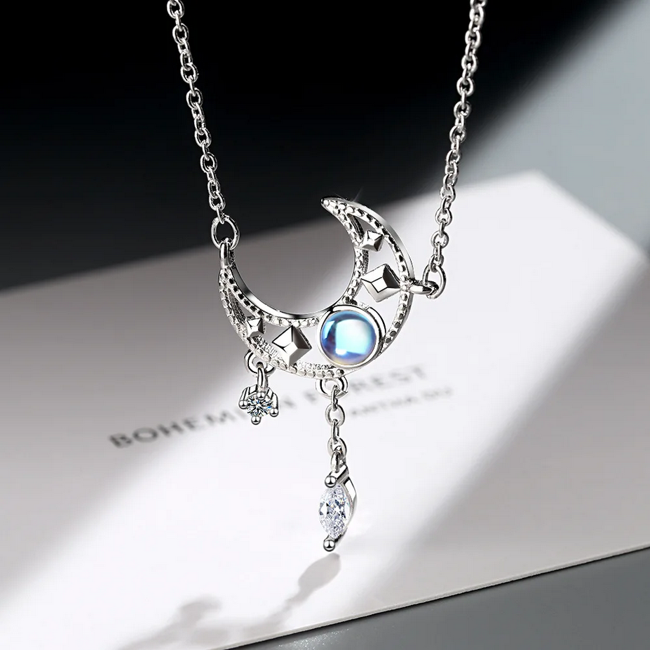 S925 Sterling Silver Blue Zircon Moon Crystal Pendant Necklace