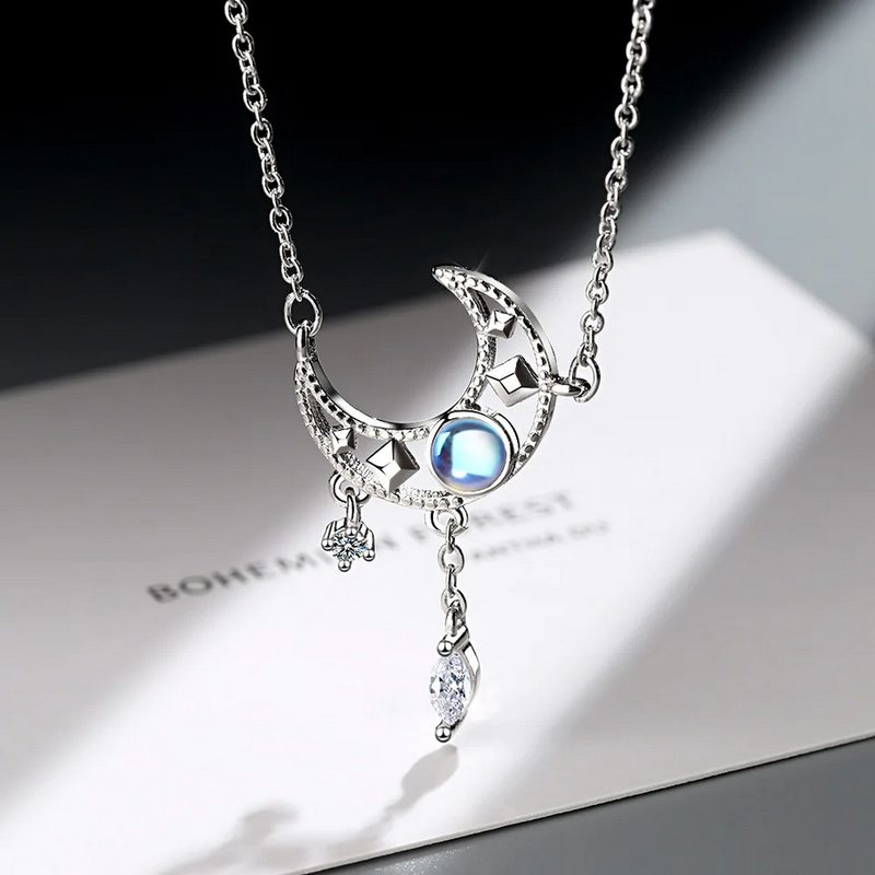 S925 Sterling Silver Blue Zircon Moon Crystal Pendant Necklace