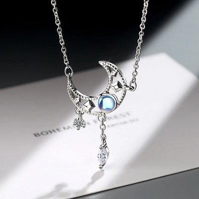 S925 Sterling Silver Blue Zircon Moon Crystal Pendant Necklace