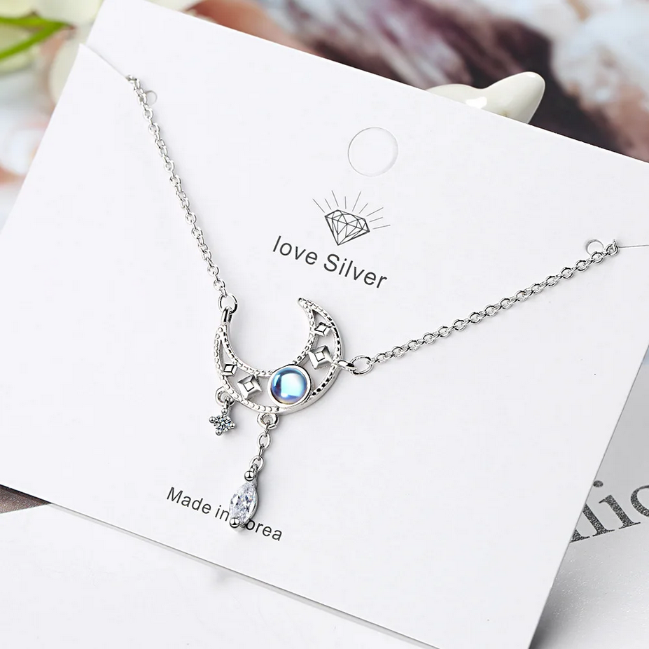 S925 Sterling Silver Blue Zircon Moon Crystal Pendant Necklace
