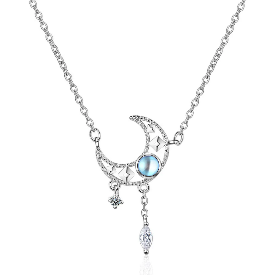 S925 Sterling Silver Blue Zircon Moon Crystal Pendant Necklace