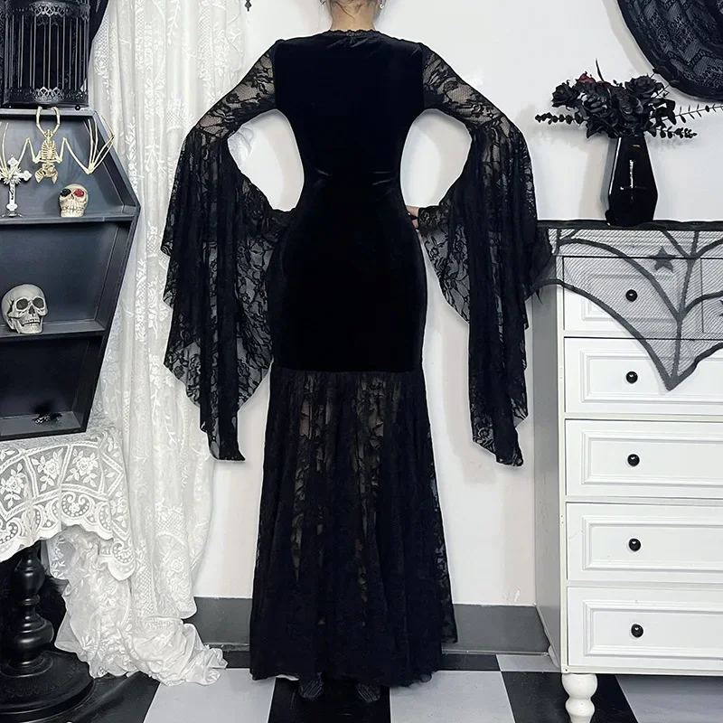 Goth Floral Lace Mesh Flared Sleeve Bodycon Party Dress