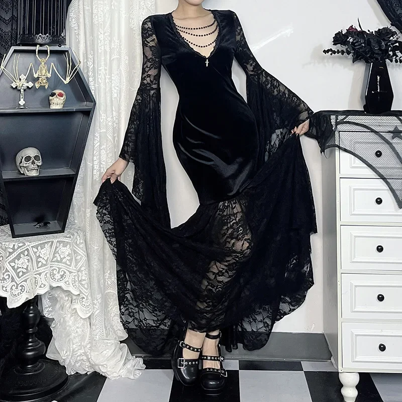 Goth Floral Lace Mesh Flared Sleeve Bodycon Party Dress
