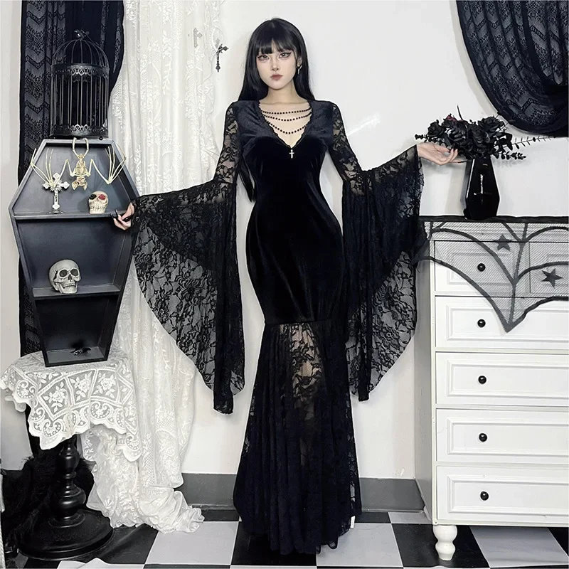 Goth Floral Lace Mesh Flared Sleeve Bodycon Party Dress