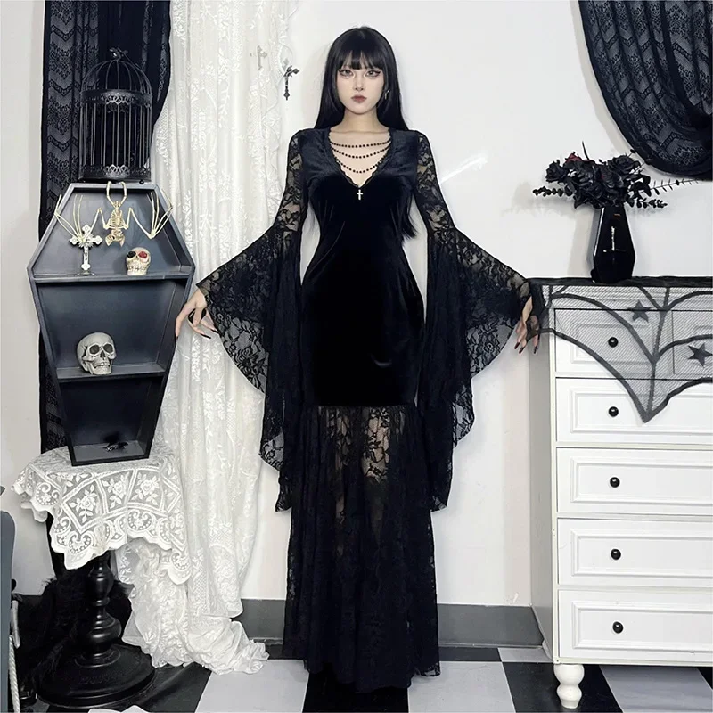 Goth Floral Lace Mesh Flared Sleeve Bodycon Party Dress