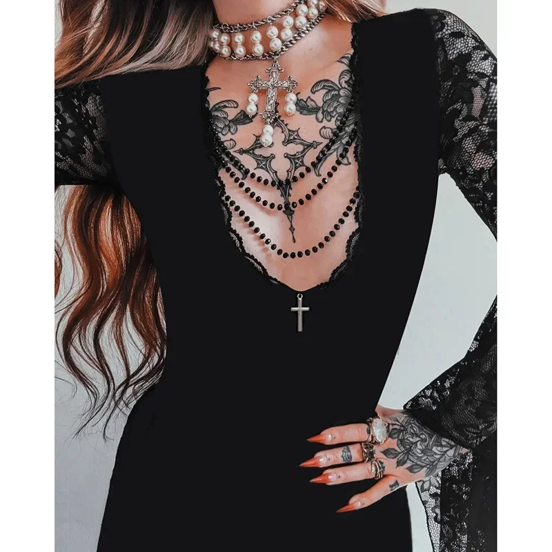 Goth Floral Lace Mesh Flared Sleeve Bodycon Party Dress